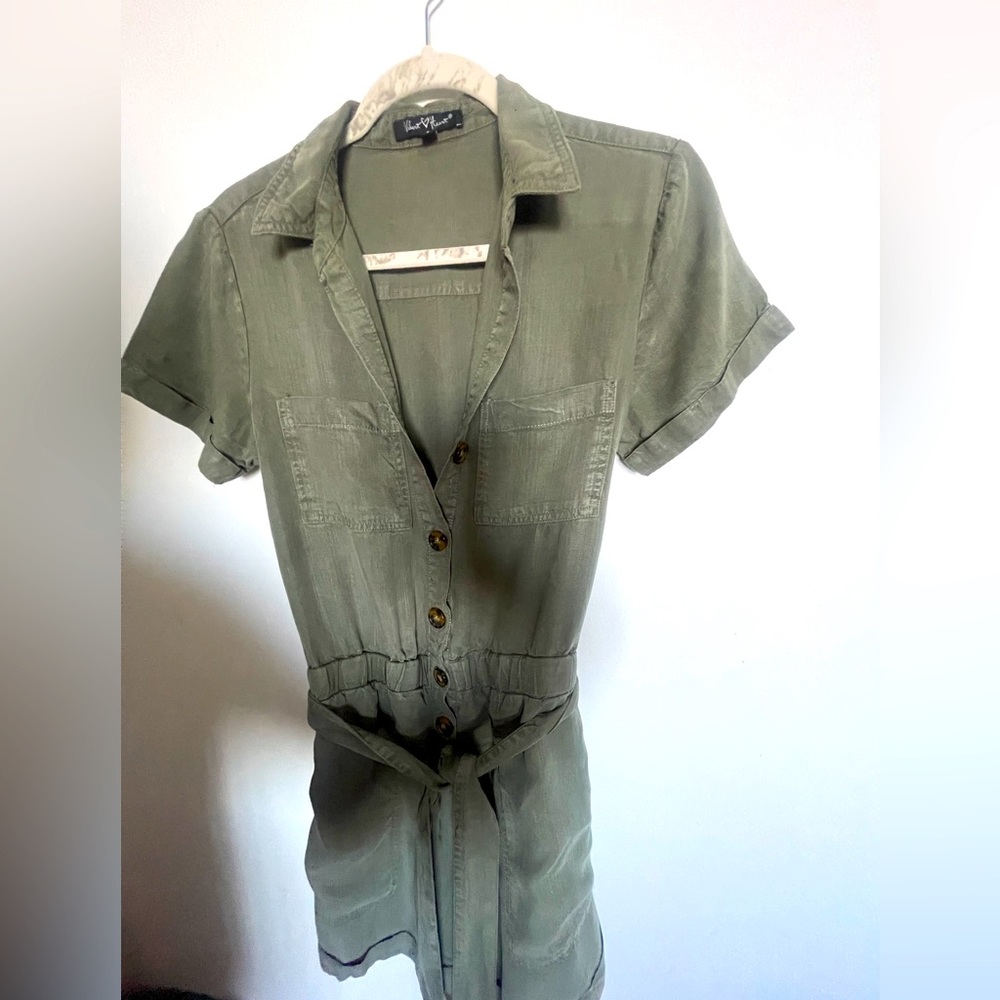 Military green short romper with belt